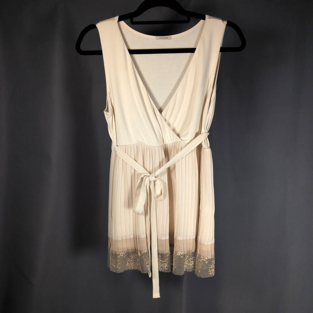 Intimissimi Babydoll Pleated V-Neck Tank Top Waist Tie Lace Trim Cream Large